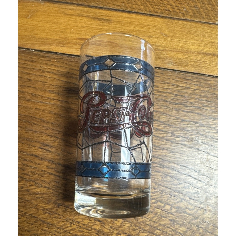 Vintage 1970's Pepsi Cola soda pop‎ blue red 12 oz stained window glass style